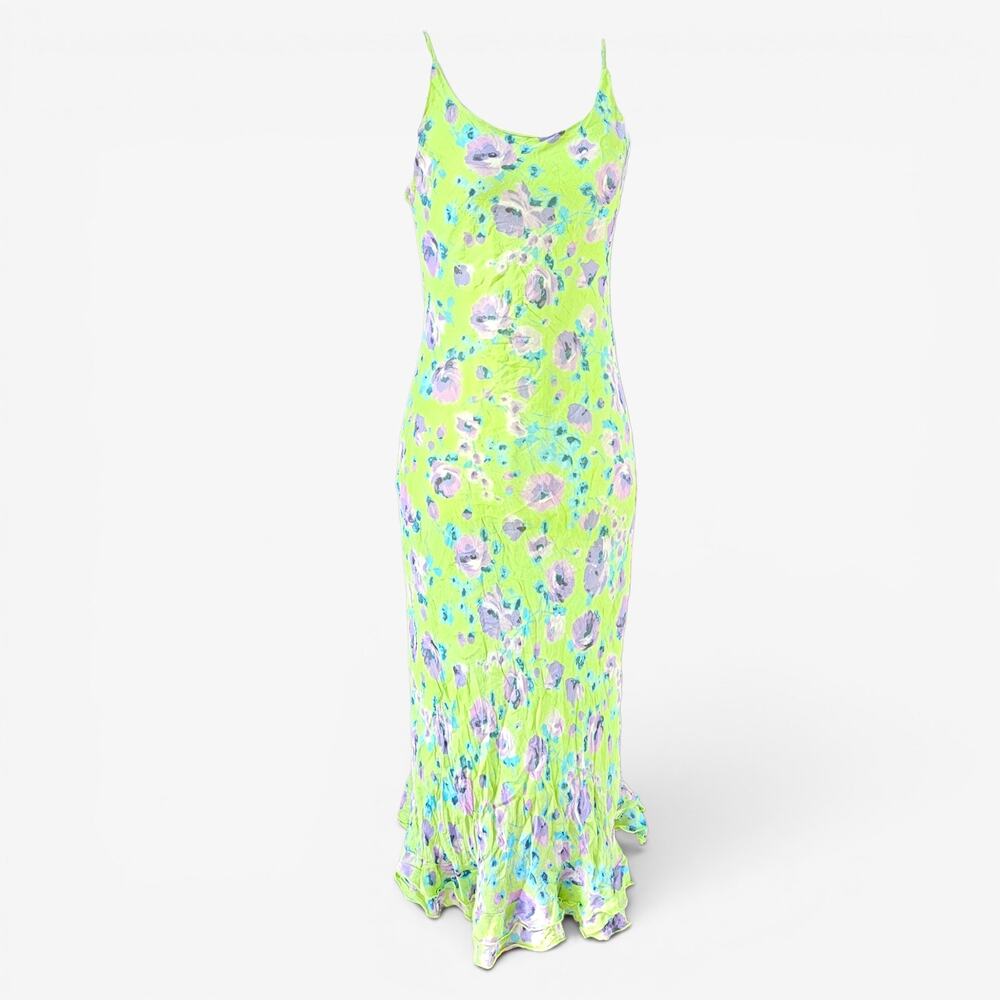 Euro Silk Midi Dress Green Floral Fairycore - Size Small - Picture 3 of 9